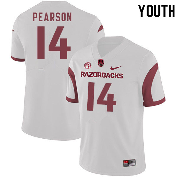 Youth #14 Cade Pearson Arkansas Razorbacks College Football Jerseys Sale-White - Click Image to Close